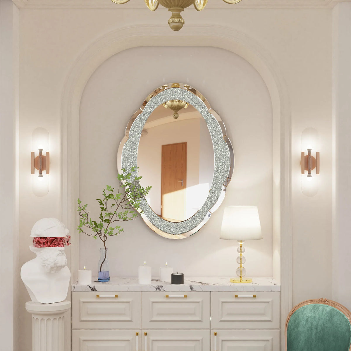 24"x32" Silver Wall Mirror Crush Diamond Elegant Artistic Cloud-shape 5mm Thick Wall Mirror for Hallway Bathroom Bedroom