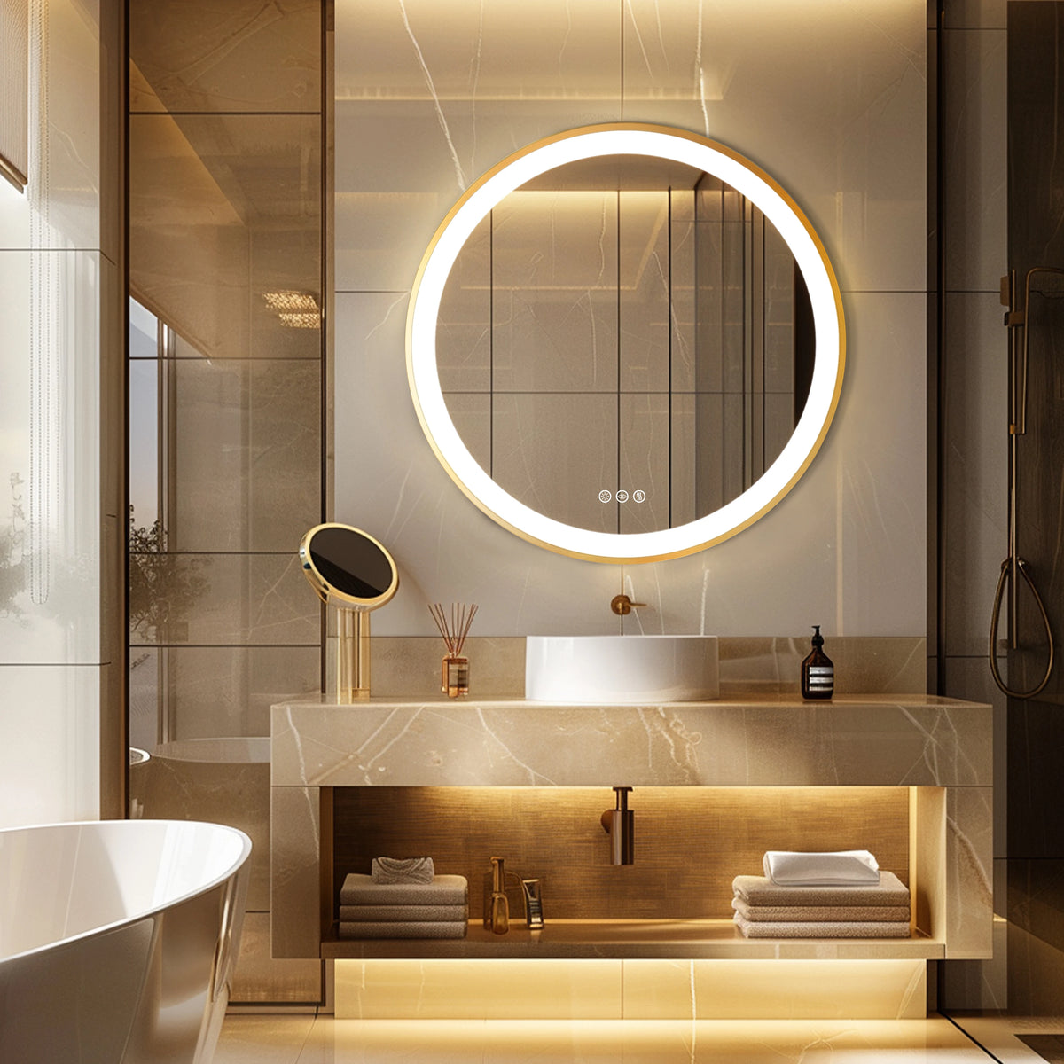 Gold Round Aluminum Frame Bathroom Mirror 24" Lighted Smart Touch Switch 3 Color Dimmable light Anti-Fog Makeup Mirror