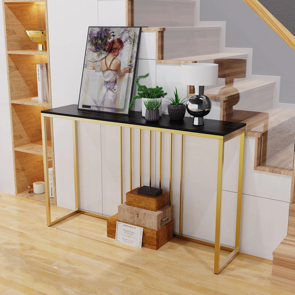 47.2 Inch Long Console Table for Foyer Modern Entryway Storage Table Sintered Stone Tabletop Gold Metal Legs