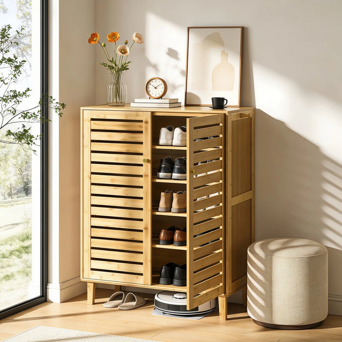 5 Tier Natural Wood Shoe Storage Cabinet Organizer Ventilated Slatted Doors 2 Or 3 Doors Shoes Rack for Entryway Hallway Closet