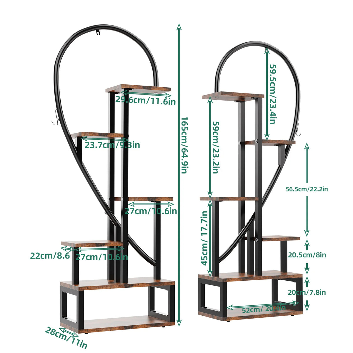 44.1x11x64.9 inch 2X Plant Stand Half Heart Shaped Multiple Planter Rack Flower Display with Hooks 20 Pots Garden Ladder Planting Shelf