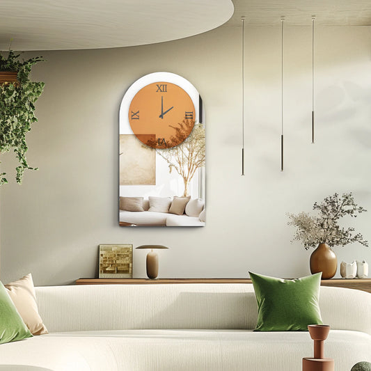 Wall Decorative Mirrors Arched Brown Tinted Glass Wall Mounted Clock for Home,Hotel,Living Room,Dining Room,Bedroom Walls