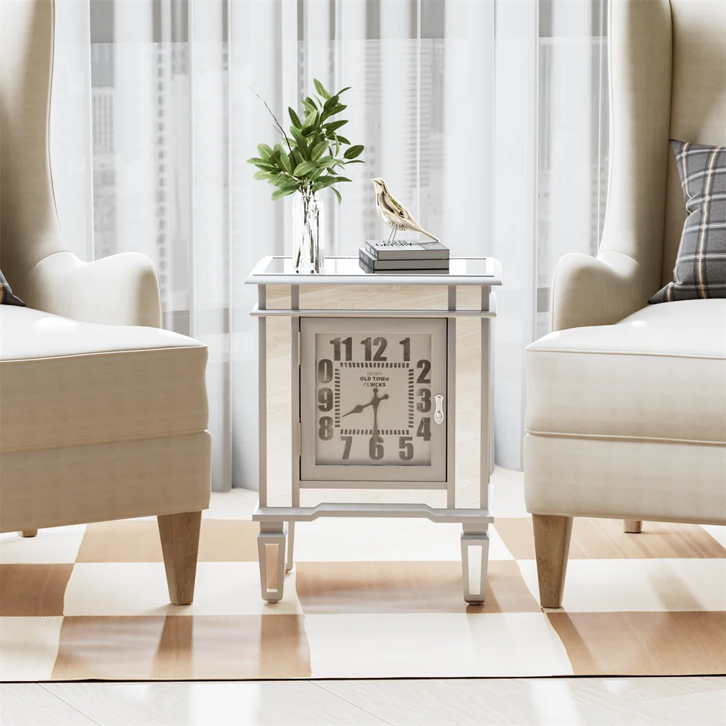 Mirrored End Table with Clock, Modern Sofa Side Table with Storage Door, Nightstand for Bedroom, Living Room and Home Decor