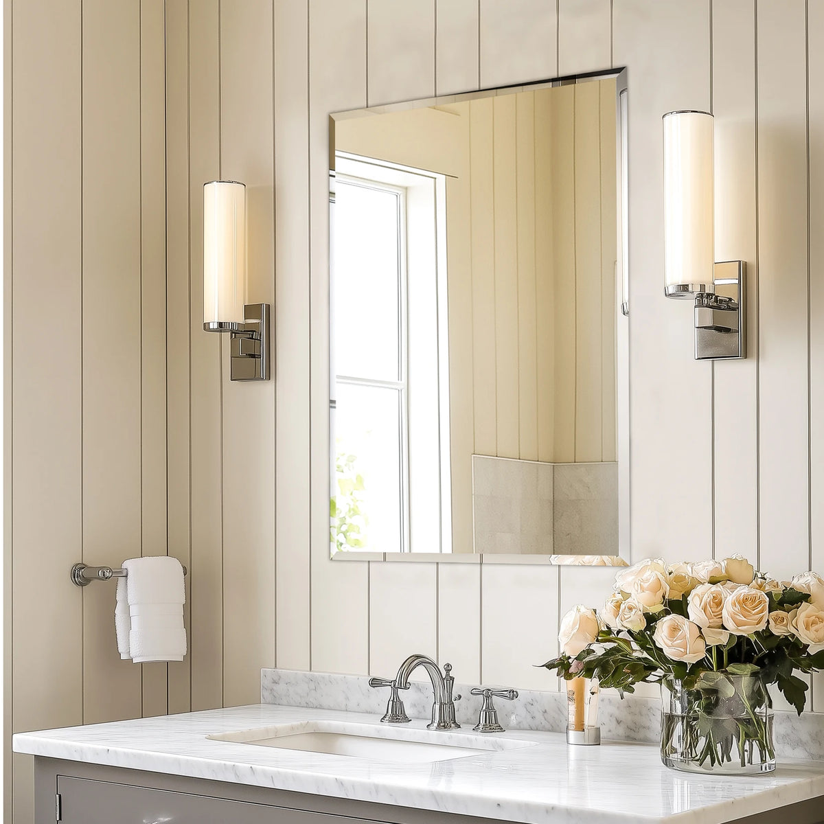 Frameless Bathroom Mirror for Over Sink, Beveled Wall Mirror, Rectangle Vanity Mirror, Modern Style