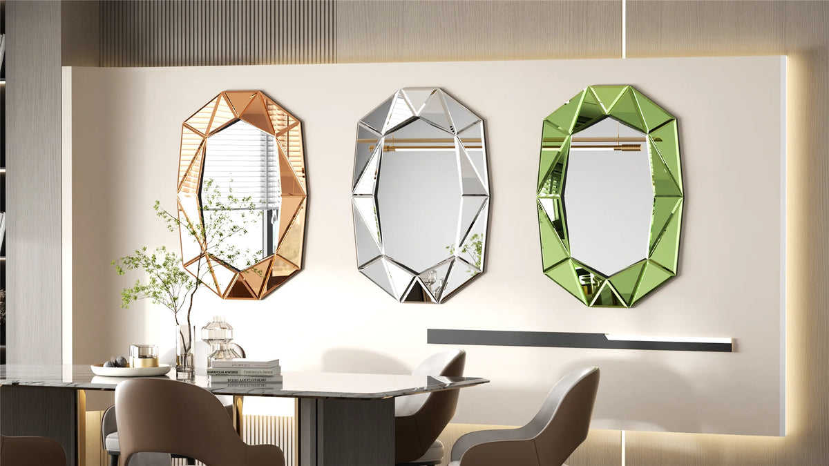 Stylish Irregular Silver Glass Wall Mirror with Beveled Diamond Edge Accents Perfect Decor for Living Room, Bedroom Entryway