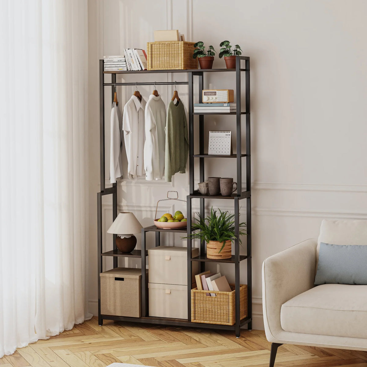 180CM Tall Indoor Plant Stand with Shelves and Hanging Rod Industrial Flower Stand Clothes Rack for Garden, Balcony, Living Room