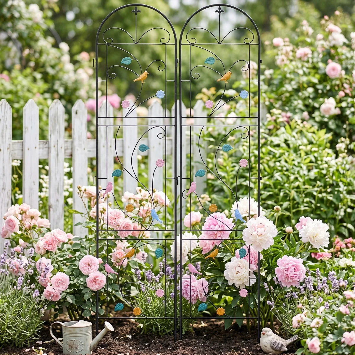 Metal Garden Trellis 2 Pack Tall Metal Garden Trellis Support Trellis Fence Decorated with Vibrant Birds Flowers for Climbing Plants, Landscaping Trellis for Outdoor Patio
