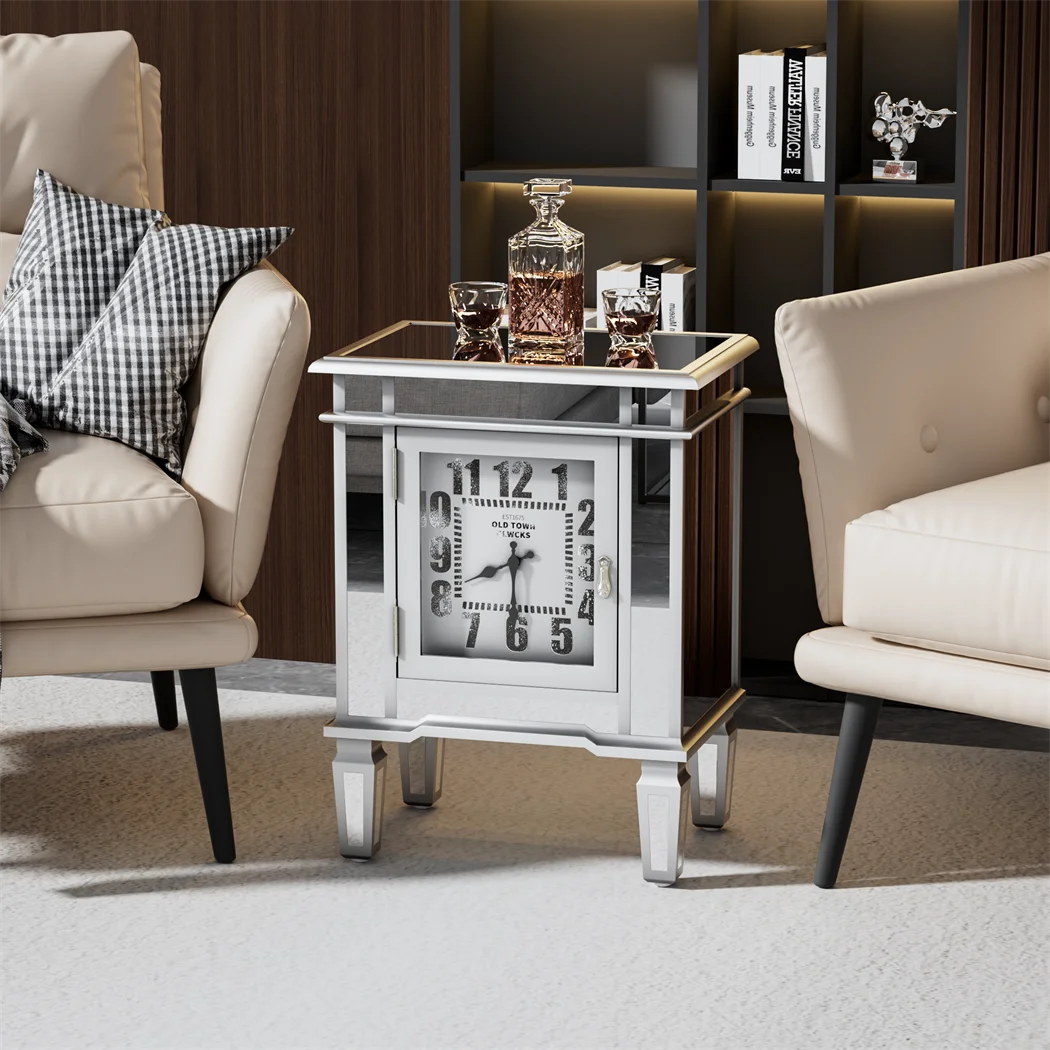 Mirrored End Table with Clock, Modern Sofa Side Table with Storage Door, Nightstand for Bedroom, Living Room and Home Decor