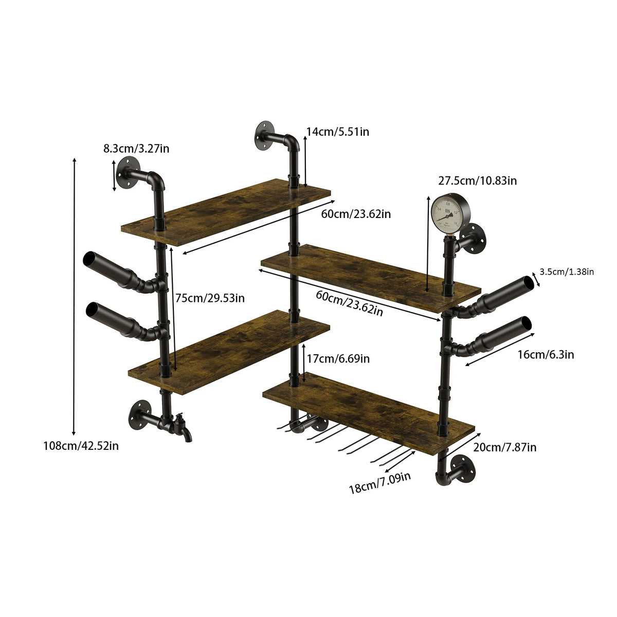 Pipe Bar Liquor Shelf, Floating Shelves with Wine Glass Holder, Wall Black Shelving Unit for Living Room and Kitchen