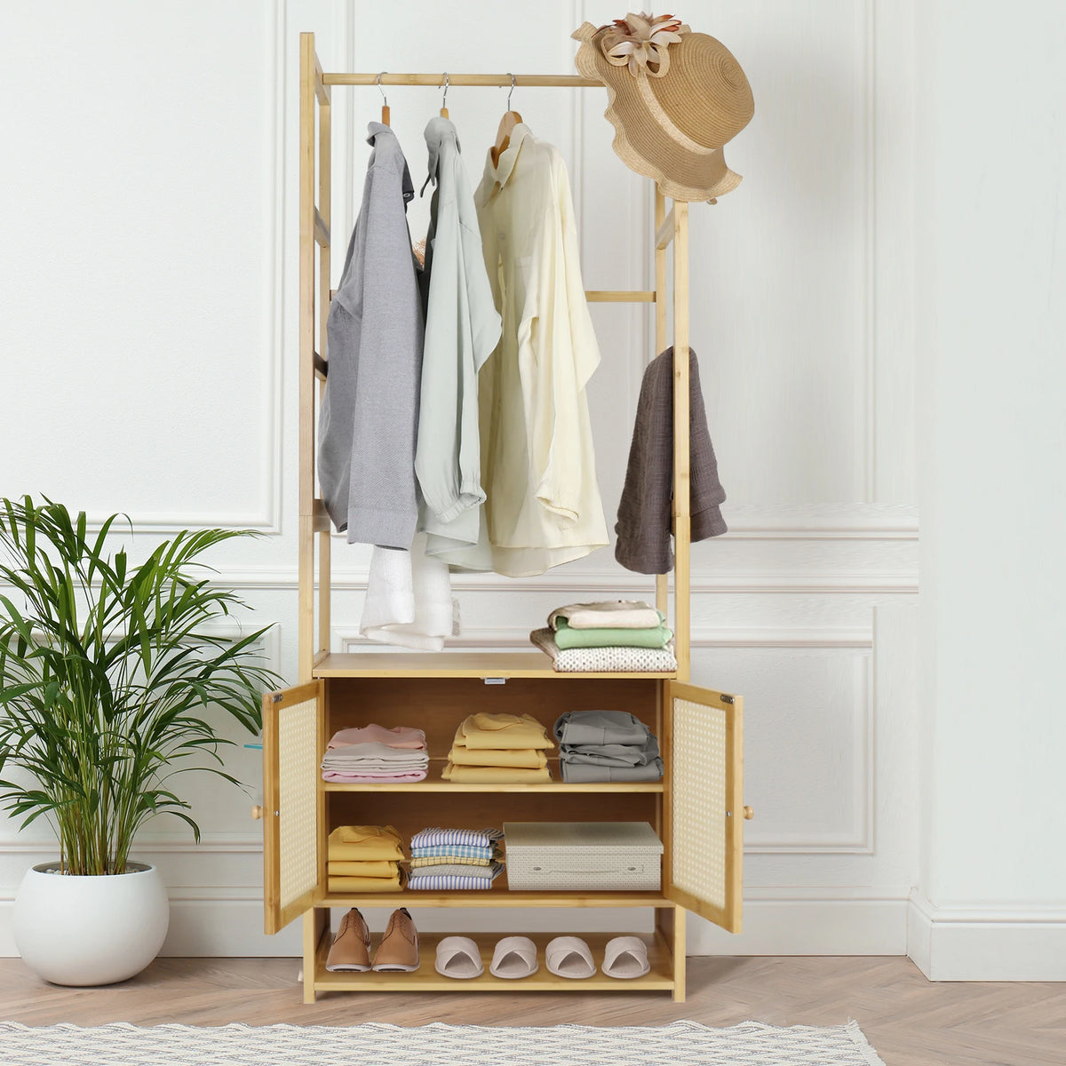 Clothing Stand Multifunctional Bamboo Clothes Rack Tall Closet Organizer Cabinet for Hanging Clothes and Storing Accessories