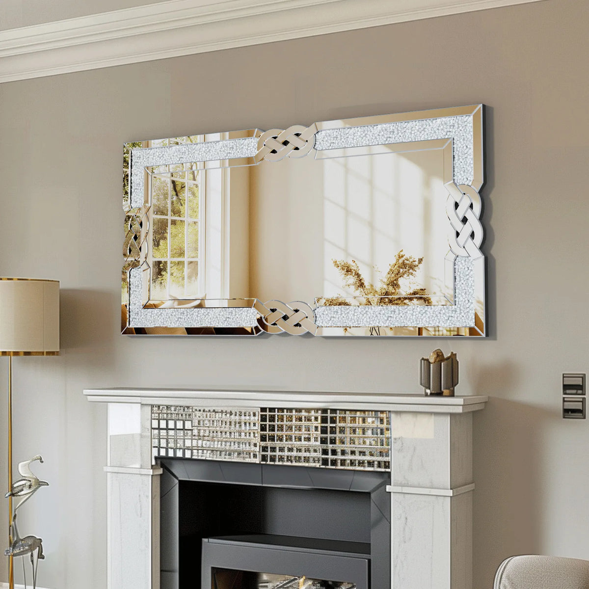 Large Crushed Diamond Wall Mirror Rectangular Glass Silver Inlay Edge, Glam Style for Living Room, Bedroom, Home Hallway