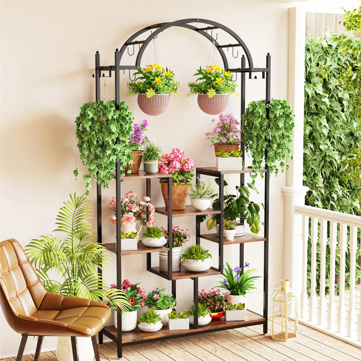 39.37Wx11.81Dx74.8H inch 5-Tier Tall Indoor Plant Stand, 74.8'' Arched Metal Flower Shelf with Hanging Hooks, Large Bonsai Pots Display Rack for Garden