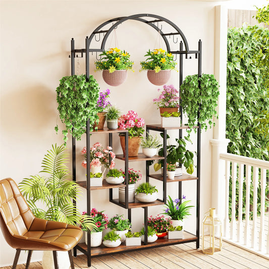 39.37Wx11.81Dx74.8H inch 5-Tier Tall Indoor Plant Stand, 74.8'' Arched Metal Flower Shelf with Hanging Hooks, Large Bonsai Pots Display Rack for Garden