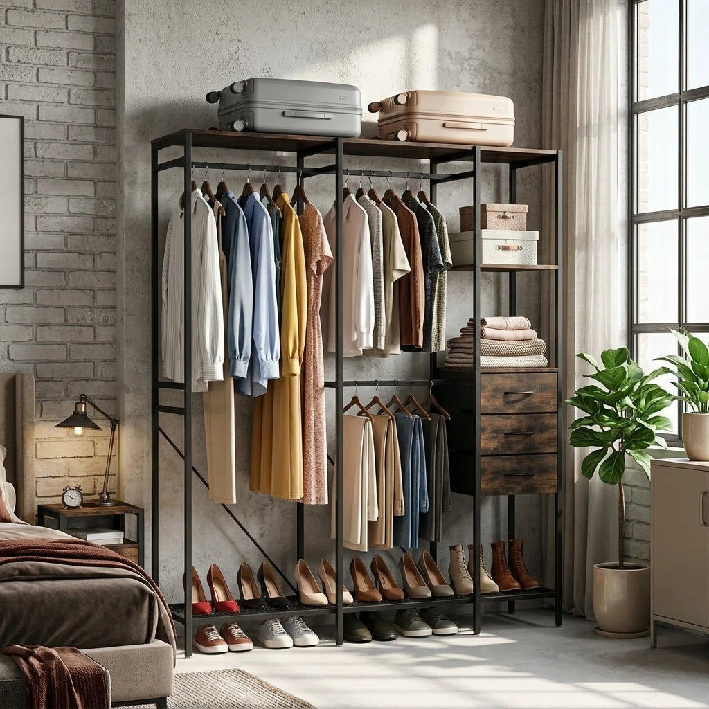 Freestanding Clothes Rack with 3 Fabric Drawers, Industrial Open Wardrobe Closet Organizer with Hanging Rails and Storage Shelves, Metal Frame, 59.5" Wide, Black and Rustic Brown
