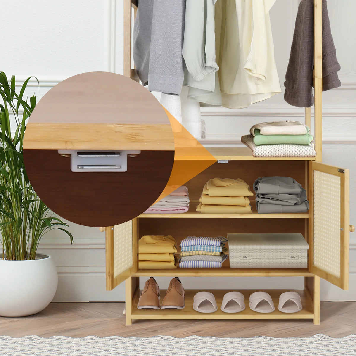 Clothing Stand Multifunctional Bamboo Clothes Rack Tall Closet Organizer Cabinet for Hanging Clothes and Storing Accessories