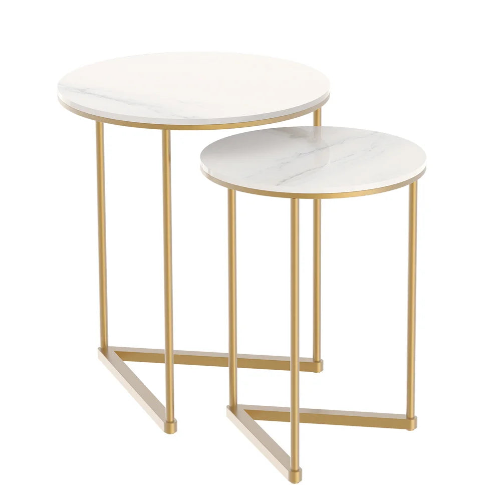 Set of 2 Modern Round Marble Metal Base Nesting Set Side Accent Table Living Room Storage Small End Table, Coffee Table, Marble and Gold
