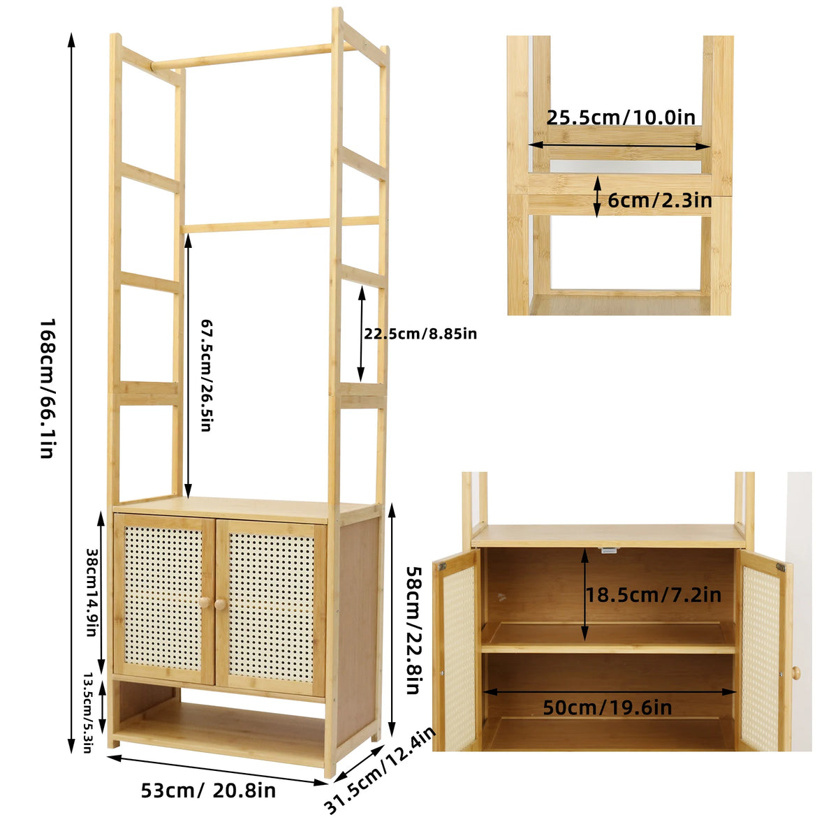 Clothing Stand Multifunctional Bamboo Clothes Rack Tall Closet Organizer Cabinet for Hanging Clothes and Storing Accessories