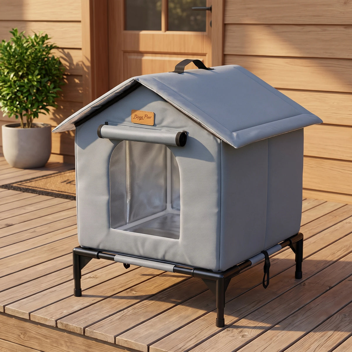 Elevated Outdoor Cat House Weatherproof, Insulated Feral Cat Shelter for Outside Winter with 3-Layer Aluminum Foil Thermal Liner, 600D Waterproof Oxford Pet Tent Bed with Legs & Ground Stakes for Stray Cats (45x42x55