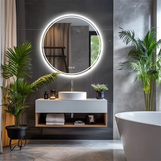 80cm Round Bathroom Mirror with Intelligent Illuminate Touch Screen Dimmable Anti-Fog LED Light for Bathroom