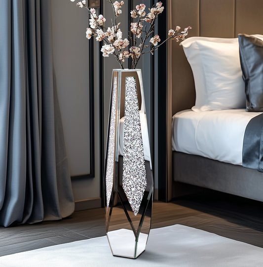 Tall Floor Mirror Vase, Large Crushed Diamond Glass Vase for Home Decor Modern Crystal Centerpiece for Living Room Wedding Hotel