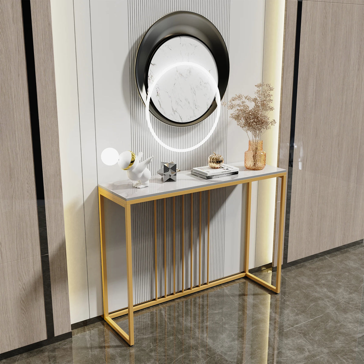 39.4x11.8x30.9inch Modern Accent Console Marble Table Gold Metal Frame Storage Display Shelf Narrow Table for Hallway Entryway Living Room Entrance