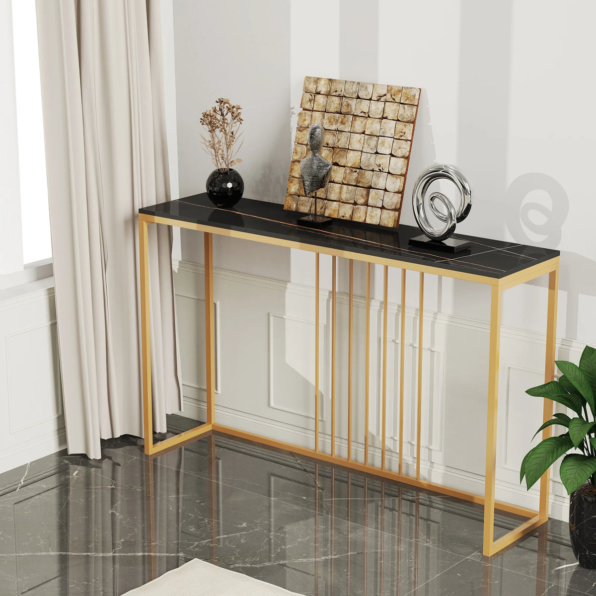 47.2 Inch Long Console Table for Foyer Modern Entryway Storage Table Sintered Stone Tabletop Gold Metal Legs