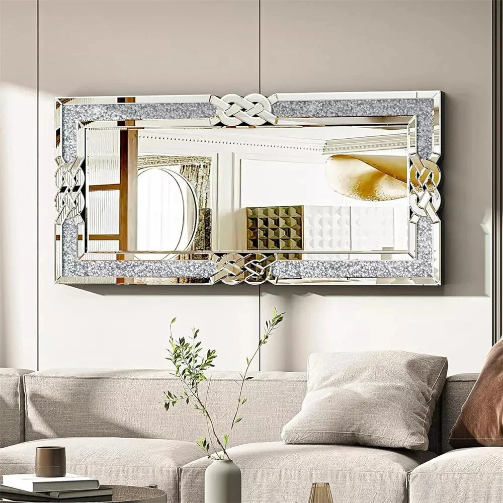 Large Crystal Mirrors for Wall Decoration Crush Diamond Wall Mirror Rectangle Silver Sparkly Hanging Wall-Mounted Mirror