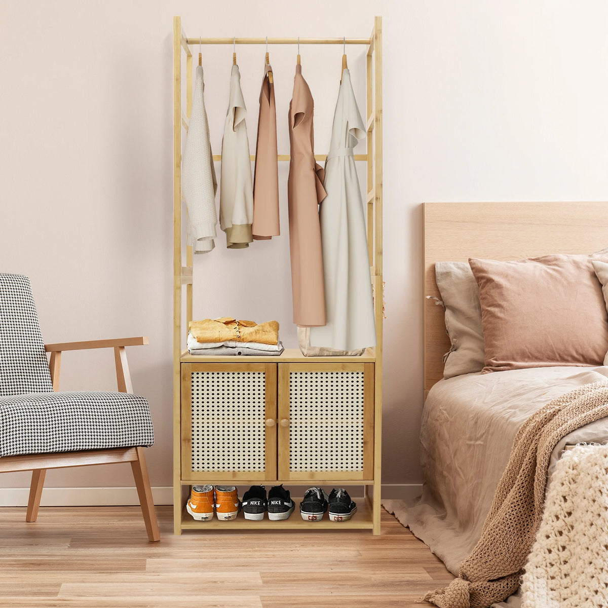 Clothes Stand with Cabinet Free-standing Bamboo Open Garment Rack with Storage Shelves Hanging Clothes Rack for Living Room