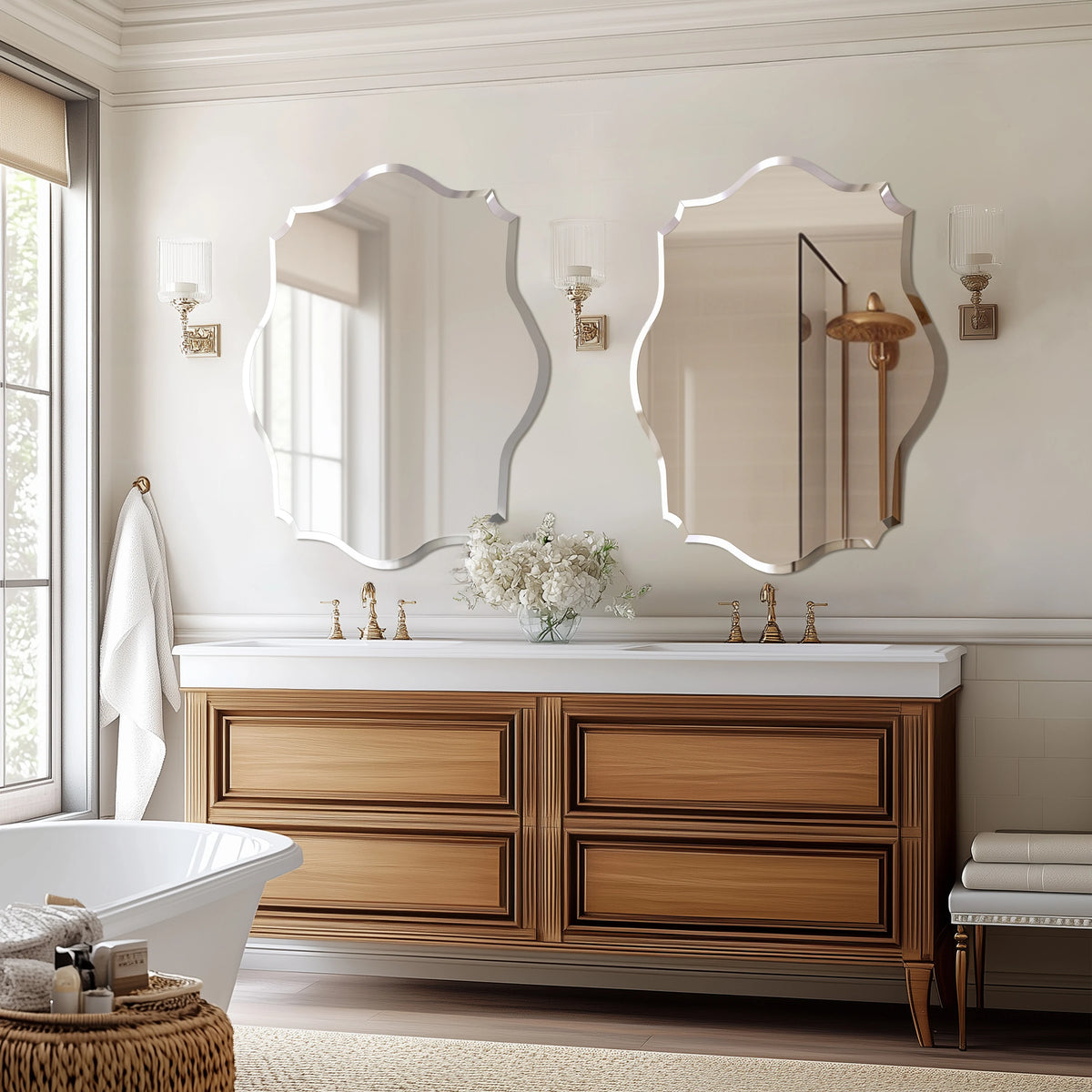 Wall Mirror Scalloped Frameless Beveled Edge Polished for Bathroom, Living Room, Vanity, Bedroom, Slive Mirror