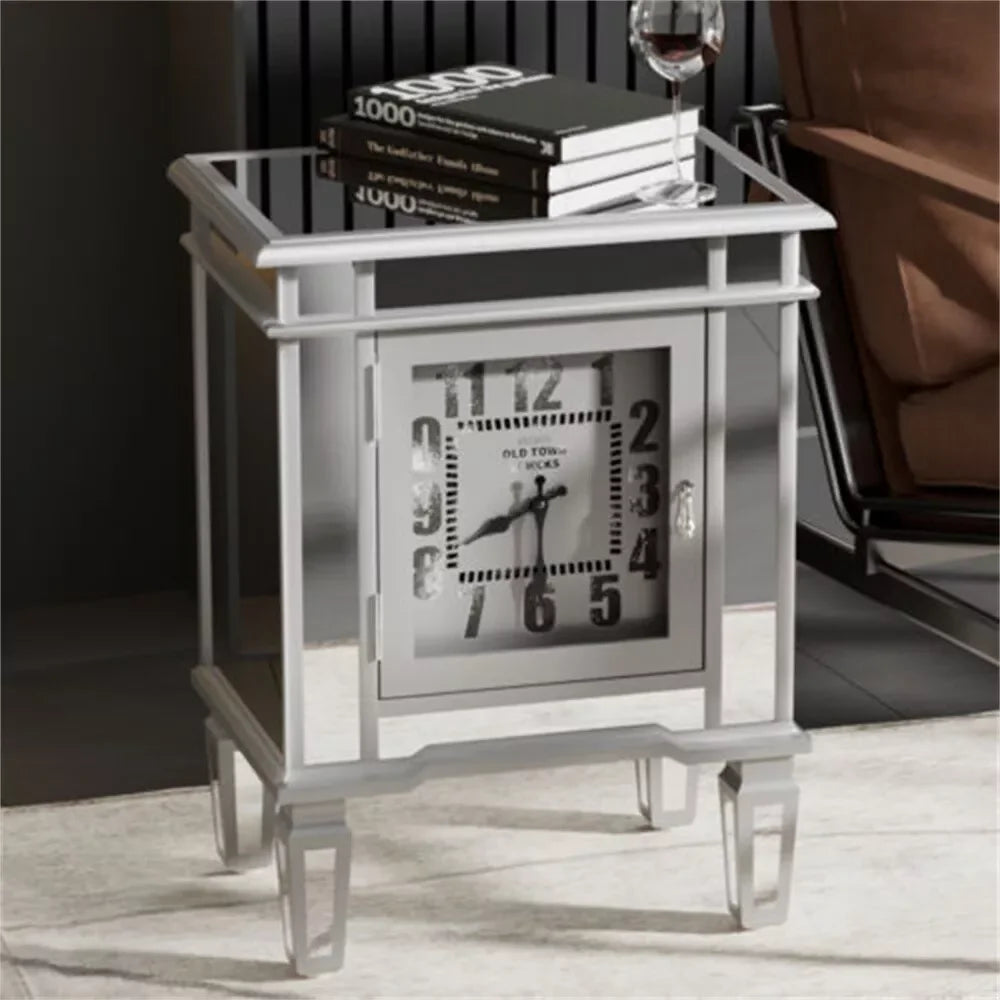 Mirrored End Table with Clock, Modern Sofa Side Table with Storage Door, Nightstand for Bedroom, Living Room and Home Decor