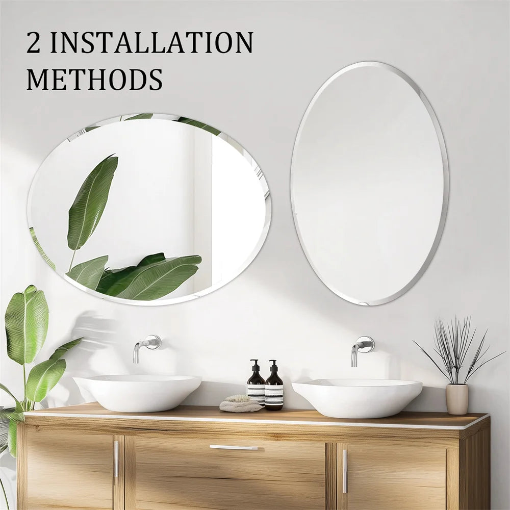 Frameless Oval Wall Mirror Silver Beveled Edge Bathroom Vanity Mirror for Modern Home Decor, Fireplaces