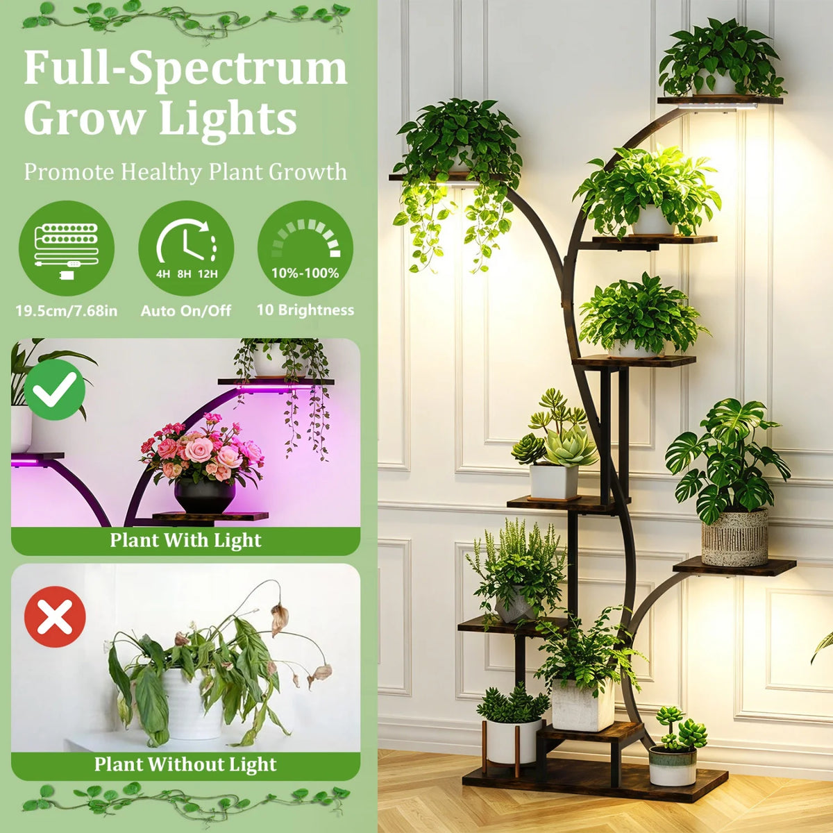 9-tier Tree Shaped Plant Stand with Grow Light Plant Rack Flowers Pot Holder Stand for Garden Patios Balcony