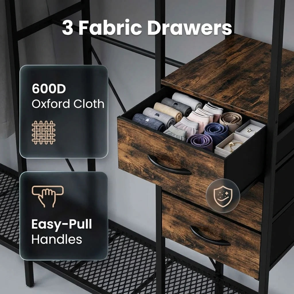 Freestanding Clothes Rack with 3 Fabric Drawers, Industrial Open Wardrobe Closet Organizer with Hanging Rails and Storage Shelves, Metal Frame, 59.5" Wide, Black and Rustic Brown