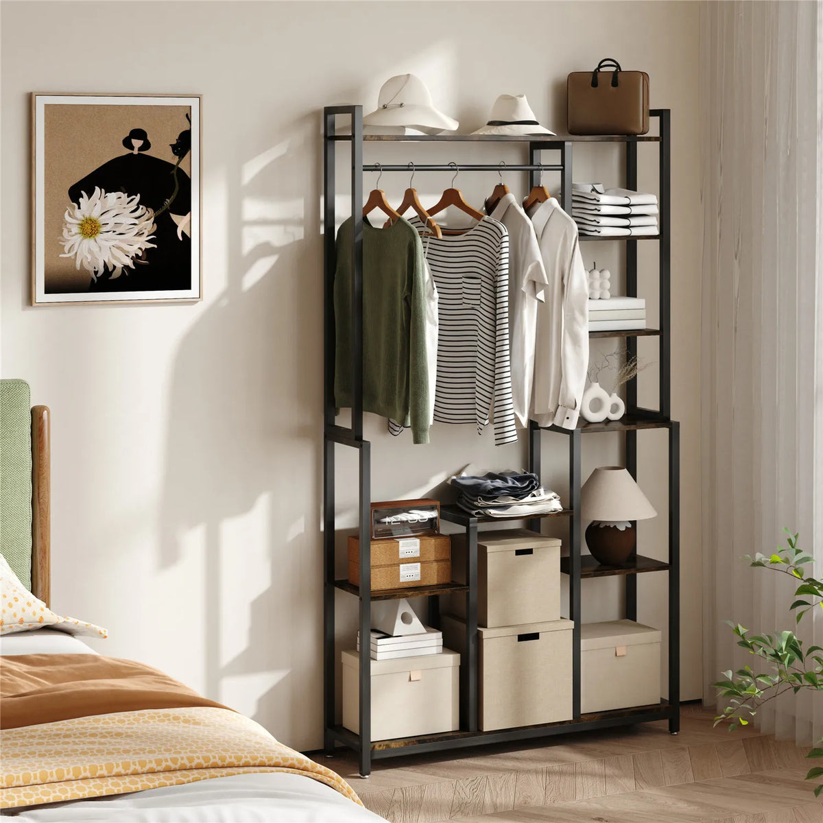 Vintage Indoor Plant Stand Industrial Coat Shelf Vertical Display Unit Rustic Storage Cabinet Clothes Stand with Hanging Rod