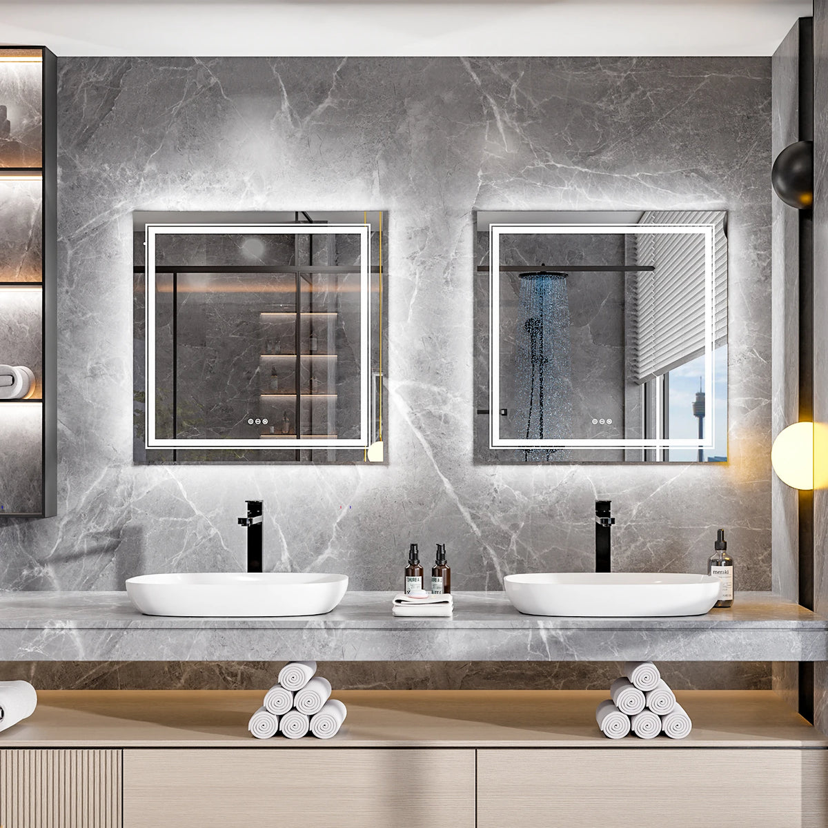 LED 900mm Square Backlit 3 Colours Dimmable Lighted Vanity Bathroom Mirror Home Decor Anti-fog Wall Mounted Makeup Mirror