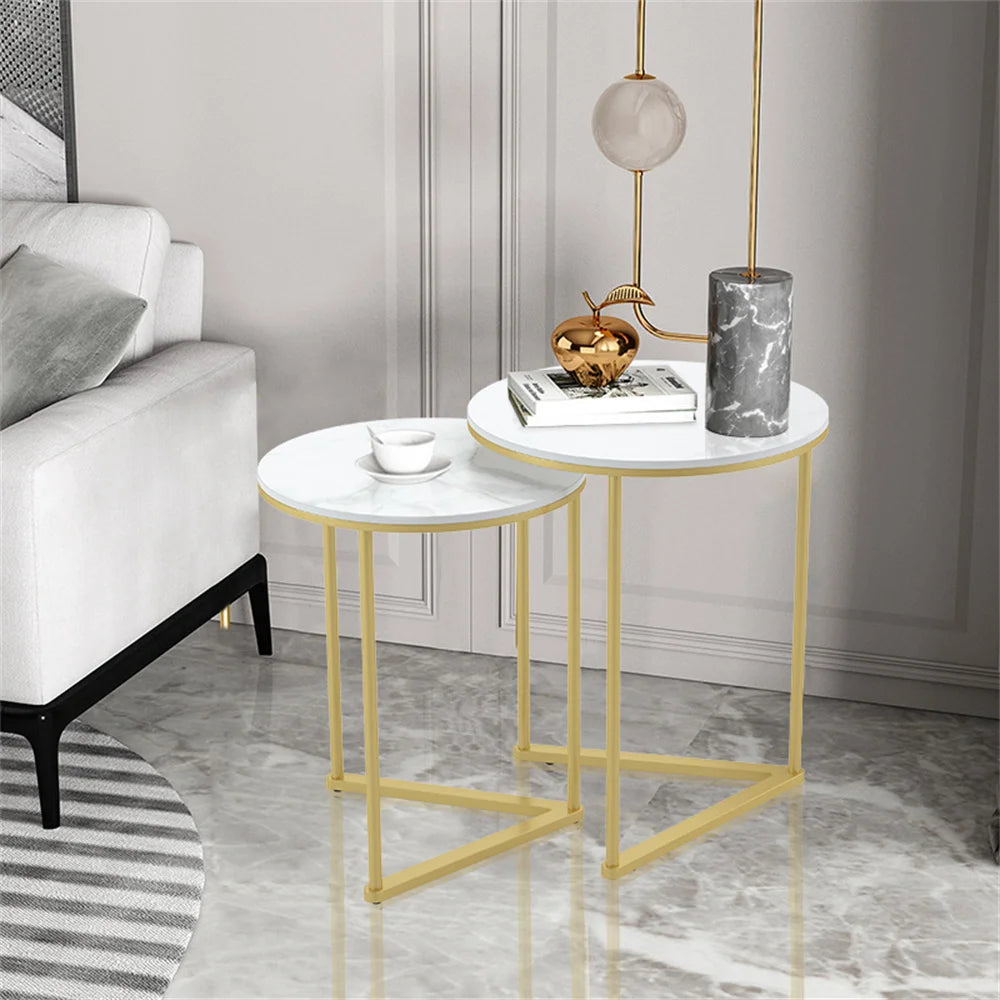 Set of 2 Modern Round Marble Metal Base Nesting Set Side Accent Table Living Room Storage Small End Table, Coffee Table, Marble and Gold