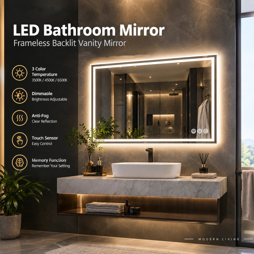LED Bathroom Mirror, Frameless Backlit Vanity Mirror, Dimmable 3-Color Light, Anti-Fog, Touch Sensor