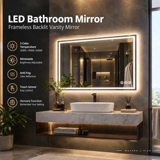 LED Bathroom Mirror, Frameless Backlit Vanity Mirror, Dimmable 3-Color Light, Anti-Fog, Touch Sensor