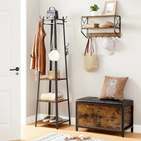 180CM Solid Iron Construction Coat Rack Holder Entryway Clothes Stand 4 Shelves Hall Trees 8 Hooks
