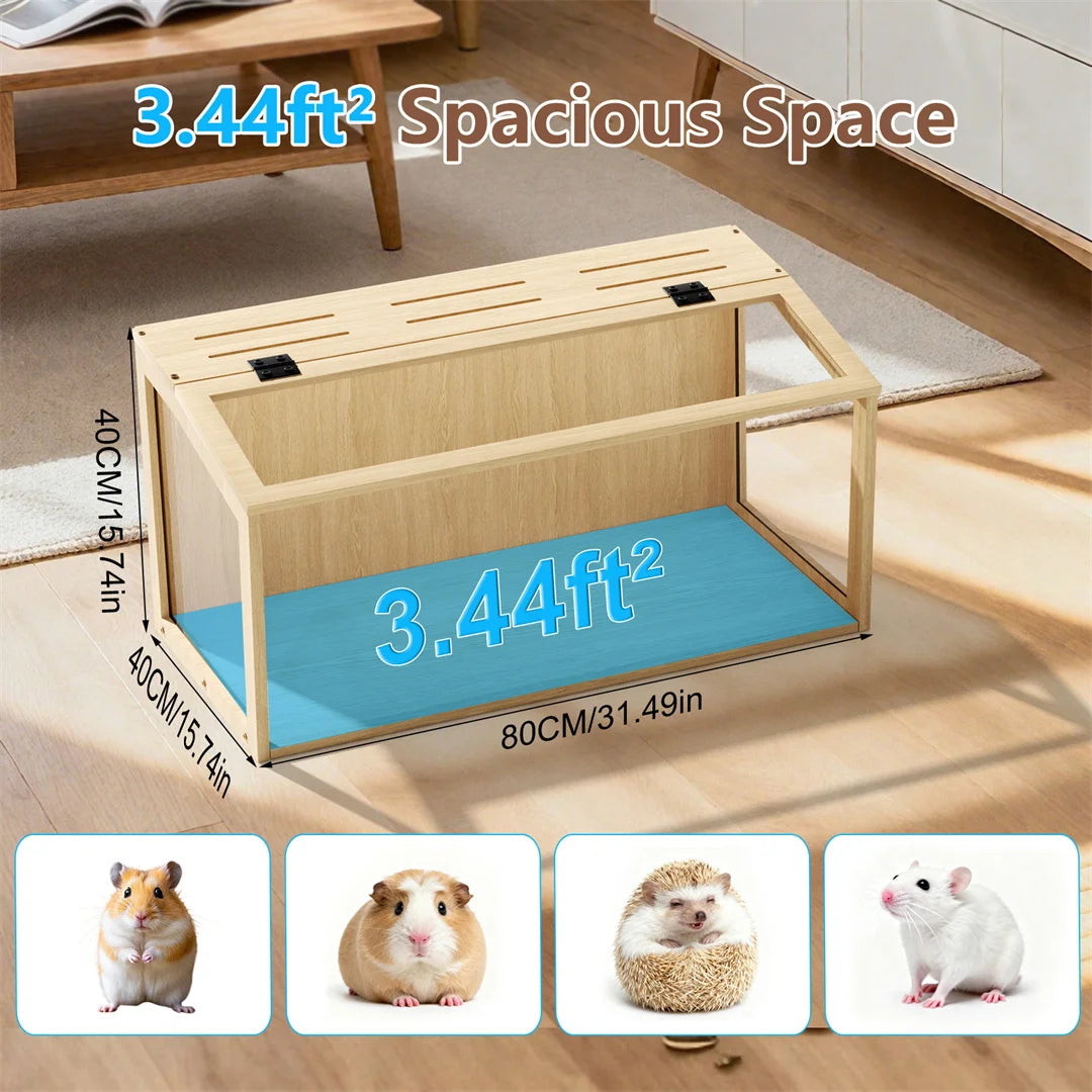Large Natural Wooden Hamster Cage, Indoor Small Animal Habitat with Glass Panels & LED Light, Chew-Proof Enclosure for Hamsters Gerbils