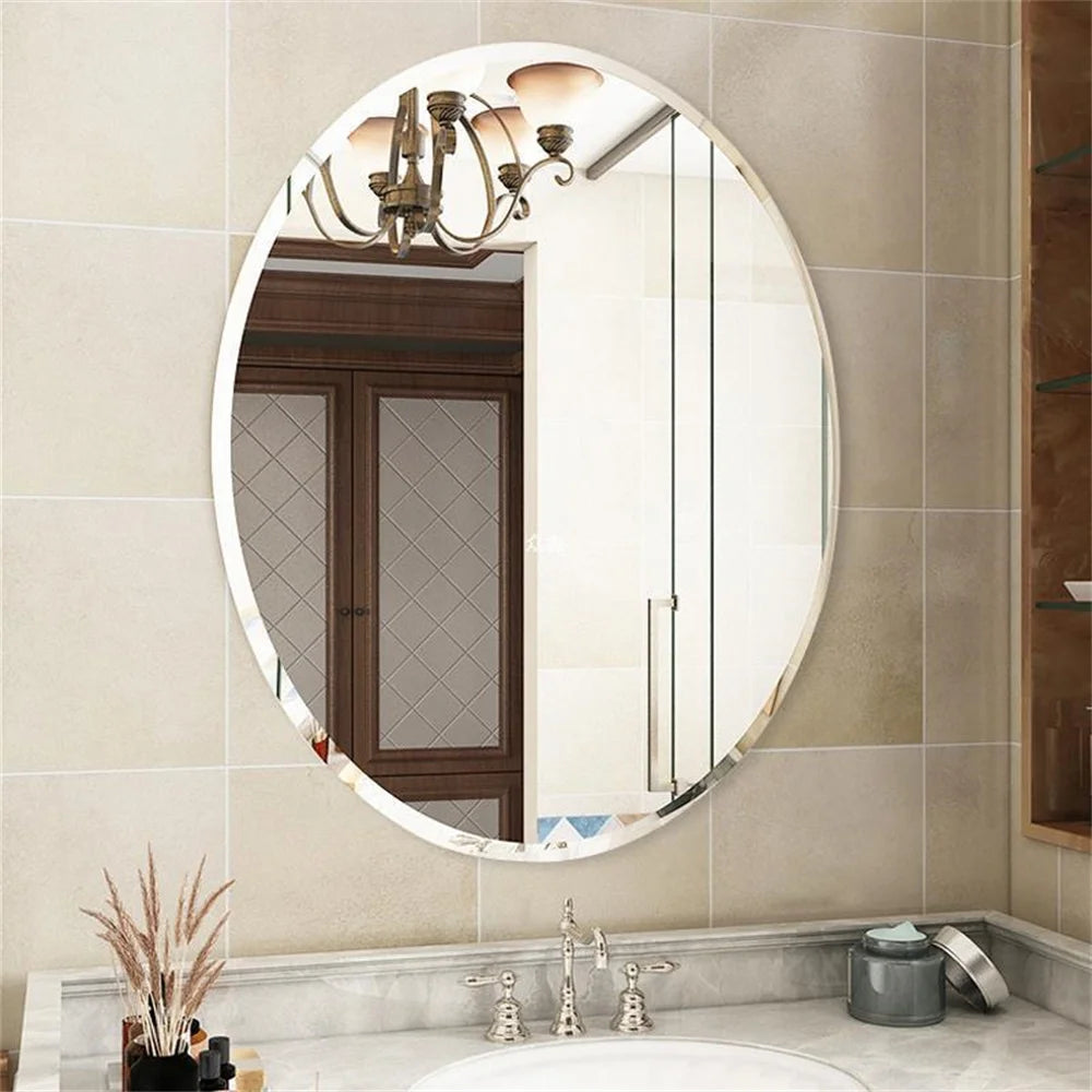 Frameless Oval Wall Mirror Silver Beveled Edge Bathroom Vanity Mirror for Modern Home Decor, Fireplaces
