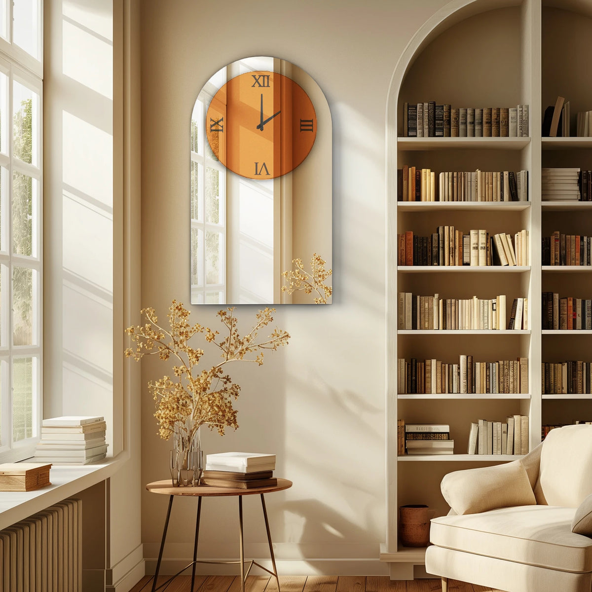 Wall Decorative Mirrors Arched Brown Tinted Glass Wall Mounted Clock for Home,Hotel,Living Room,Dining Room,Bedroom Walls
