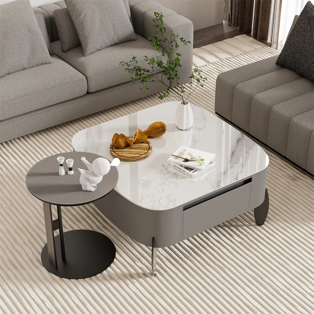 Large Modern Coffee Table with Drawers, Coffee Table with Metal Legs Center Marble  Table