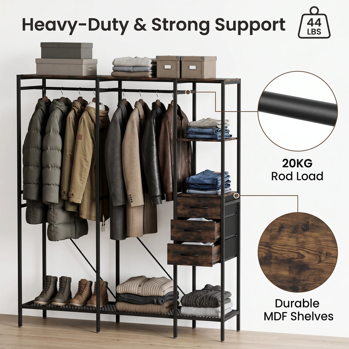 Freestanding Clothes Rack with 3 Fabric Drawers, Industrial Open Wardrobe Closet Organizer with Hanging Rails and Storage Shelves, Metal Frame, 59.5" Wide, Black and Rustic Brown