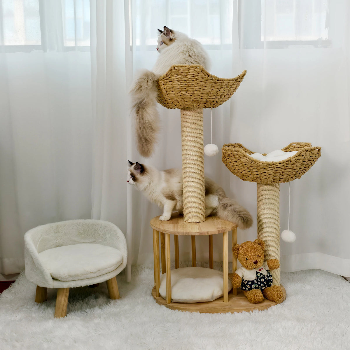 3 Tier Cat Tree Activity Tower Condo Furniture with Plush Cushion and Dangling Ball Sisal Scratching Post for Indoor Cats