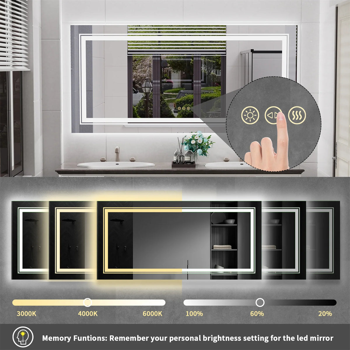 63" x 32" Extra Large LED Light Backlit Bathroom Mirror Dual Lights Makeup Anti-Fog Memory 3 Colors Dimmable With Touch Button
