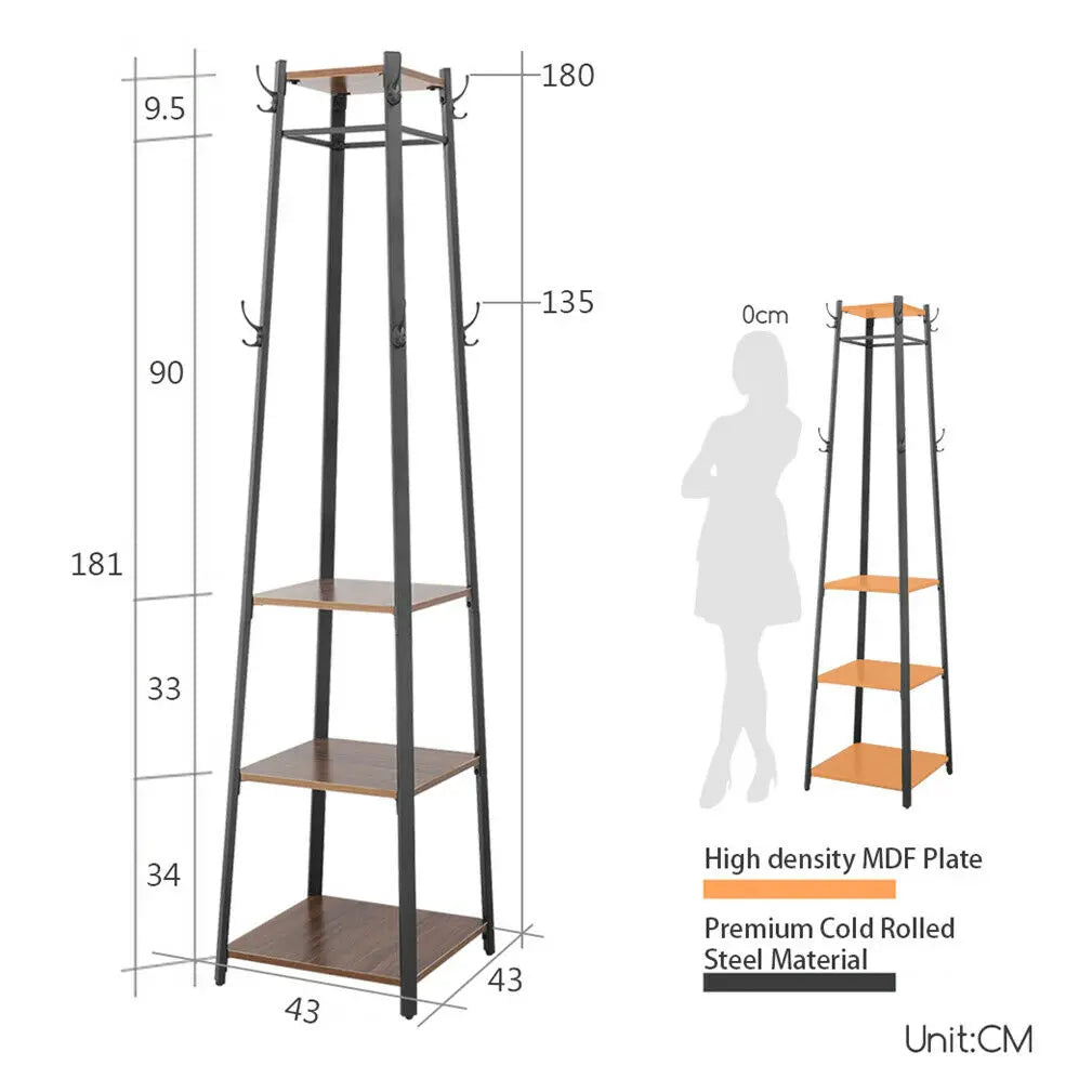 180CM Solid Iron Construction Coat Rack Holder Entryway Clothes Stand 4 Shelves Hall Trees 8 Hooks