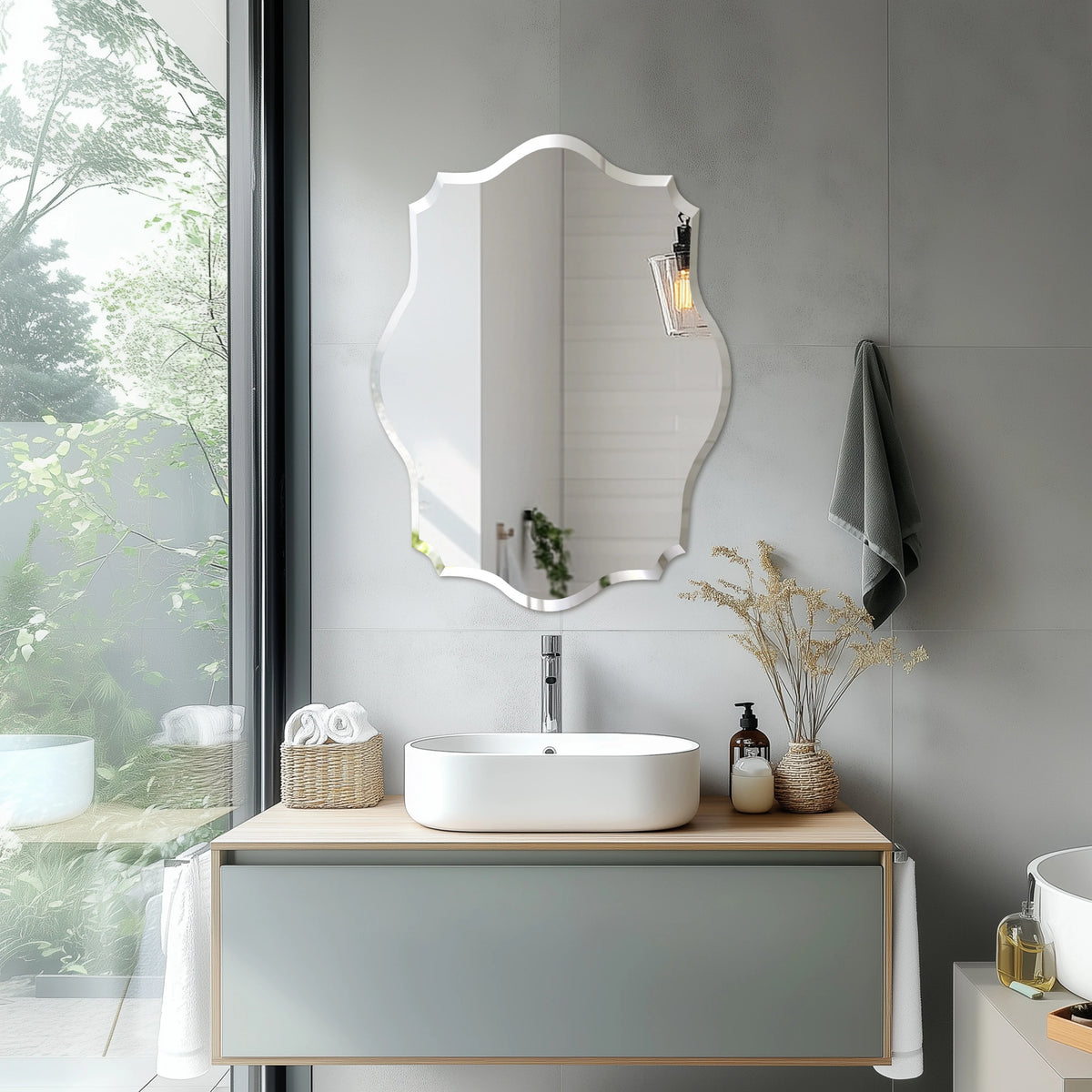 Wall Mirror Scalloped Frameless Beveled Edge Polished for Bathroom, Living Room, Vanity, Bedroom, Slive Mirror