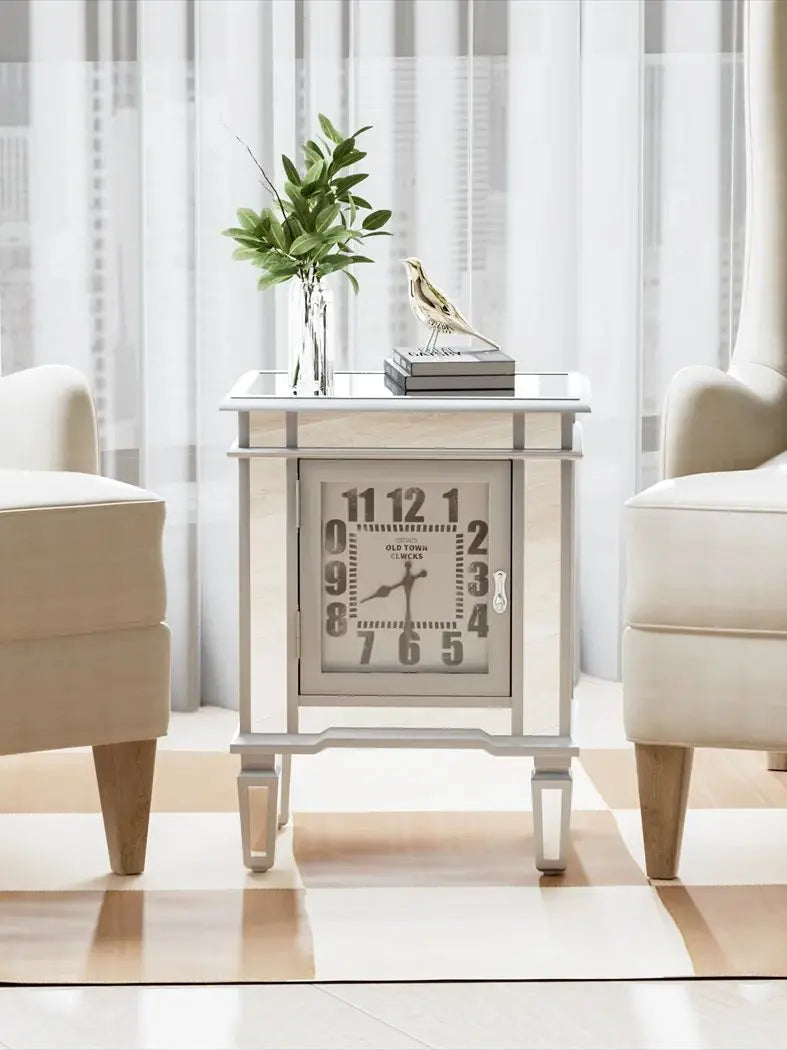 Mirrored End Table with Clock, Modern Sofa Side Table with Storage Door, Nightstand for Bedroom, Living Room and Home Decor
