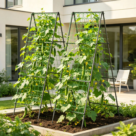 2 Pack A-Frame Garden Trellis for Climbing Plants - 2.1m Outdoor Metal Cucumber Trellis Support Frame for Raised Beds with Nylon Netting, Anti-Rust Powder Coated Vegetable Plant Tower (71x112x210cm)